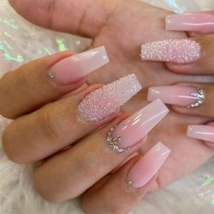 Medium Pink White Gradient Coffin Press On Nails Rhinestone Design Full Cover Set