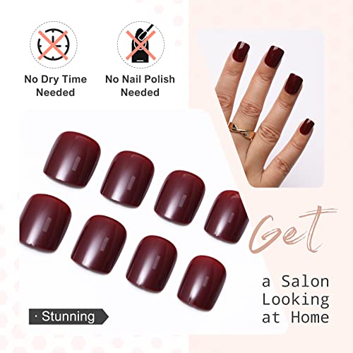 Press on Nails Short Square - Kikmoya Burgundy Solid Glossy False Fake Nails - 24pcs Squoval Stick on Nails for Women - Image 3