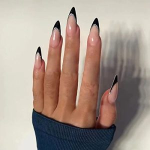 Glossy Medium Length Black French Tip Almond Press on Nails Full Cover 24 Pcs