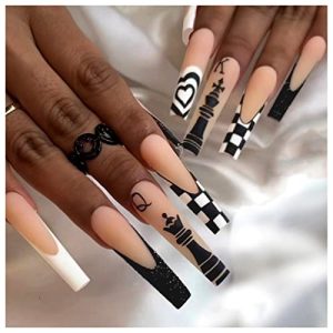 French Tip Press on Nails Long Ballerina Fake Nail Black&White Checkerboard Grid Love Shape Designs False Nails with Glue on Nails Artificial Acrylic Nails Glitter Stick on Nails for Women Girls