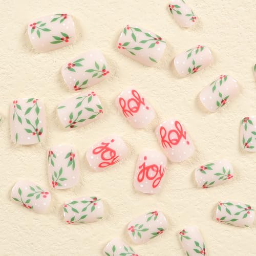 Press on Nails Christmas False Nails Short Square Stick on Nails Full Cover Matte Acrylic Nails with Snow Leaf Letter Designs Stick on Nails Natural Artificial for Women and Girls 24 PCS Manicure - Image 2
