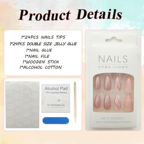 Press on Nails Short Bling Glitter Fake Nails Almond Acrylic Nails Nude Full Cover Nails Press ons Swirls False Nails White Lines Glue on Nails Glossy Stick on Nails for Women 24Pcs - Image 6
