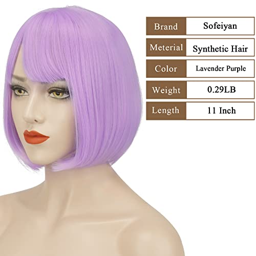 SOFEIYAN 11 Inch Lavender Purple Short Straight Bob Wig with Bangs, Ready-to-Wear for Daily Use - Image 7
