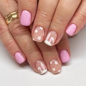 Easter Press on Nails Short Square OLIUKJU Flower Fake Nails Pink False Nails with Cute Bunny Designs Acrylic French Full Cover Stick on Nails Rabbit Press on Nail for Women Girls 24 Pcs