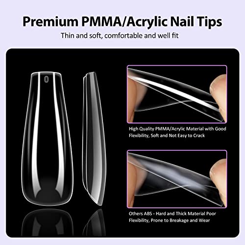 BTArtboxnails Acrylic Nail Tips, No.1 Clear Long Coffin Nail Tips Ballerina Fake Nails Full Cover Artificial Nails Refill Pack for Salon and Home DIY Nail Art 200Pcs - Image 5