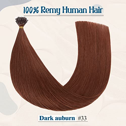 16inch Nano Beads Ring Hair Extensions Human Hair Dark Auburn Pre Bonded I Tip Keratin Cold Fusion Stick Tipped Hairpiece Iron Loop Link Straight Micro Bead Remy Hair for Women #33 50g 50strands - Image 2
