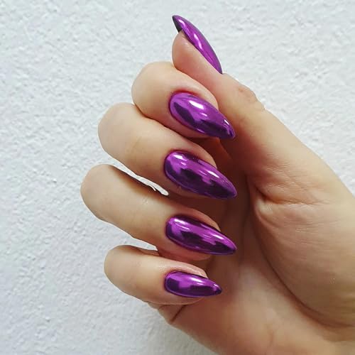 24PCS Medium Almond Purple Red Chrome Press On Nails with Gold Metallic Stiletto Accents - Image 2