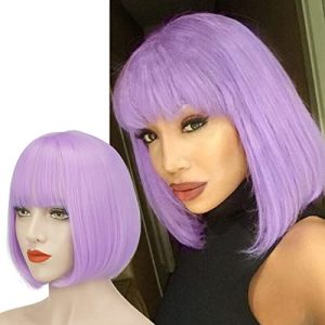 SOFEIYAN 11 Inch Lavender Purple Short Straight Bob Wig with Bangs, Ready-to-Wear for Daily Use