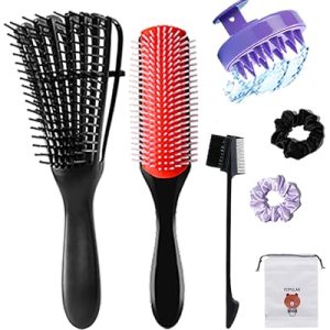 Purple Detangling Brush Set for Curly Hair with 9 Nylon Bristles and Scalp Massager