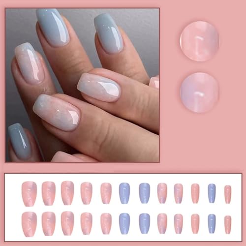Medium Blue Pink Gradient Marble Acrylic Press on Nails 24pc Set - Image 5