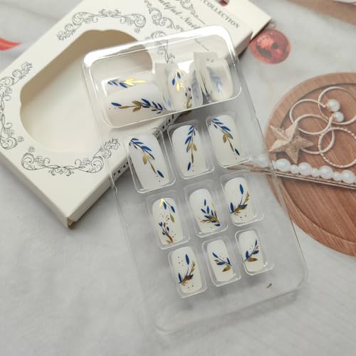 24Pcs White Press on Nails Square Medium Short Acrylic Fake Nails Gold Blue Splicing Leaves Design False Nails Full Cover Leaf Glue on Nails Reusable Coffin Artificial Stick on Nails for Women Girls - Image 2