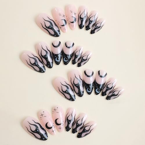 Black Press on Nails Almond Short Medium French Tip Fake Nails with Flame Moon Design Gel Glue on Nails Acrylic False Nails with Glue Manicure Stick on Nail for Wedding Birthday 24Pcs LKU88P - Image 2