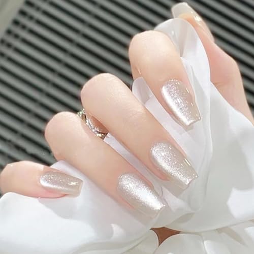 White Cat Eye Press on Nails Short Square Fake Nails Full Cover Shiny Acrylic Nails Gradient False Nails Glitter Press on Nails Stick on Nails Jelly Press on Nails for Women and Girls 24Pcs