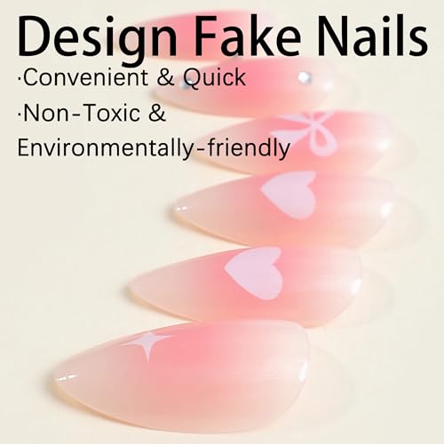 BABALAL Pink Press on Nails Medium Almond Fake Nails Heart Glue on Nails Bow Acrylic Nails Shiny Rhinestone Stiletto 24Pcs Glossy Manicure False Nails - Image 2