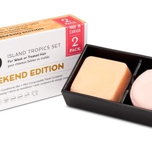 Weekend Edition Travel Set Shampoo and Conditioner Bars for Normal, Weak or Treated Hair, with Mini Compostable Container – Island Tropics | Biodegradable| Sulfate Free | pH Balanced | 95g