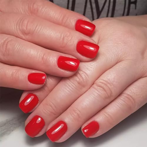 LuckForever Short Press on Nails 240pc Glossy Red Press on Nails Short Square Fake Nails Full Cover False Fingernail French Tips Presson Nail 10 Sheets Glue Nail Adhesive Tabs File Tools for Women - Image 2