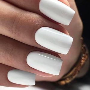 Morily Press on Nails- White Square Shaped Fake Nails Medium Length for Women, Solid Color Glossy Squoval Stick on False Fingernails in 12 Sizes - 24Pcs