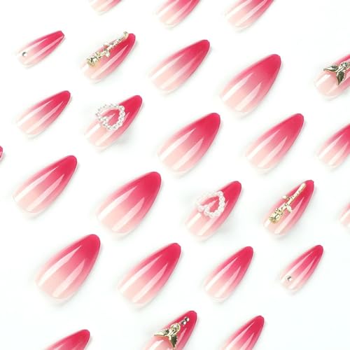 24 Pcs Red Ombre Press on Nails Short Stiletto Almond - YEFIUO Winter Fake Nails Press ons French Nail Tip with Nail Charms Rose Design Full Cover Festive False Nails Glue on Nail Acrylic Nail Art Kit - Image 2