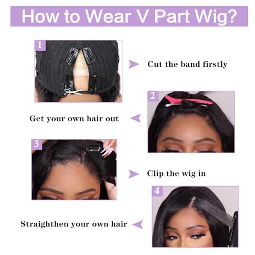 210% Density V Part Kinky Straight Wig Human Hair Beginer Friendly Gluless Updated U Part Wigs For Women V-Part Clip in Wigs No Leave Out V-shape Half Wigs Natural Color (24 Inch) - Image 6