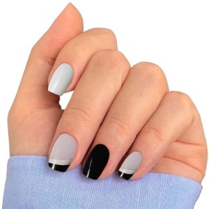 Salon-Quality Semi Cured Gel Nail Strips - Black French Nail Tips - Easy Application & Removal - 20pc - Long Lasting - for Holiday Nail Art - UV Lamp Compatible