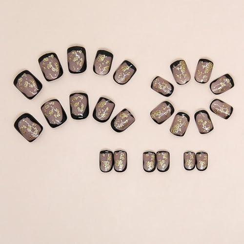 Press on Nails,Extra Short False Nails Square Fake Nails French Acrylic Nails Vintage Stick on Nails Gold Leaf Black Artificial Nails Nude Acrylic Press on Nails 24Pcs-12Sizes - Image 3