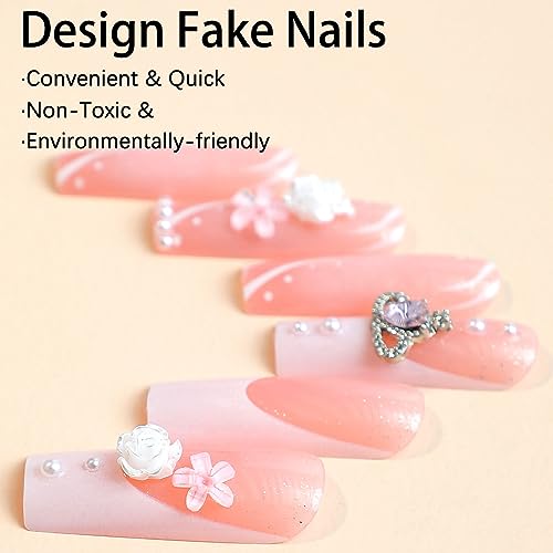 Square Press on Nails Long - White French Tip Extra Long Fake Nails Press ons,24 Pcs Flower Pearl Charms Design Glue on Nails Pink Acrylic Nails Glossy Full Cover False Nail For Women - Image 3
