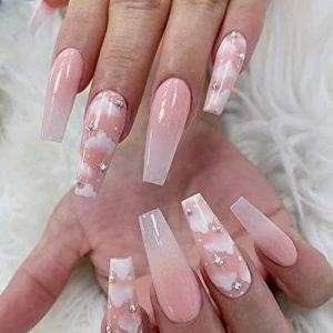 24pc Long Coffin Pink Gradient Acrylic Nails with Rhinestones Full Cover Press-On Set