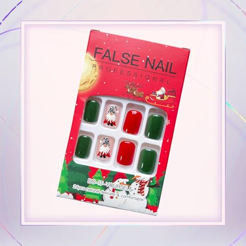 24Pcs Holiday Christmas Press on Nails Square Short Fake Nails Santa Claus False Nails Xmas Green Red Glue on Nails Winter Xmas Design Full Cover Acrylic Artificial Nails for Women Nail Decorations - Image 5