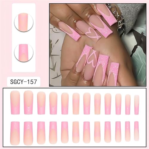 Pink Press on Nails Long Coffin French Nails press ons Valentines Fake Nails Pink Glitter False Nails Designs Pink Heart Valentines Day Nails Full Cover Acrylic Nails Stick on Nails Girls for Women - Image 2