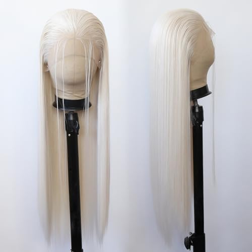 Platinum Blonde Synthetic Lace Front Wig Long Straight Lace Front Synthetic Wig Pre Plucked Natural Hairline Glueless Heat Resistant Fiber Hair Wig for Fashion Women (Platinum Blonde) - Image 5