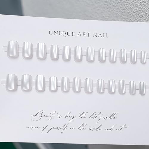 White Cat Eye Press on Nails Short Square Fake Nails Full Cover Shiny Acrylic Nails Gradient False Nails Glitter Press on Nails Stick on Nails Jelly Press on Nails for Women and Girls 24Pcs - Image 2