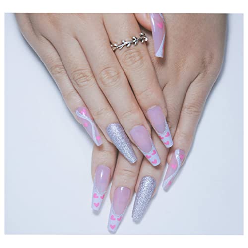 French Tip Press on Nails Long Coffin Fake Nails With Glue Glitter Full cover Fake Nails with Pink Little Heart Glitter Line Design static nails Reusable Acrylic Nails Glue on nails for Women Girls 24Pcs - Image 2