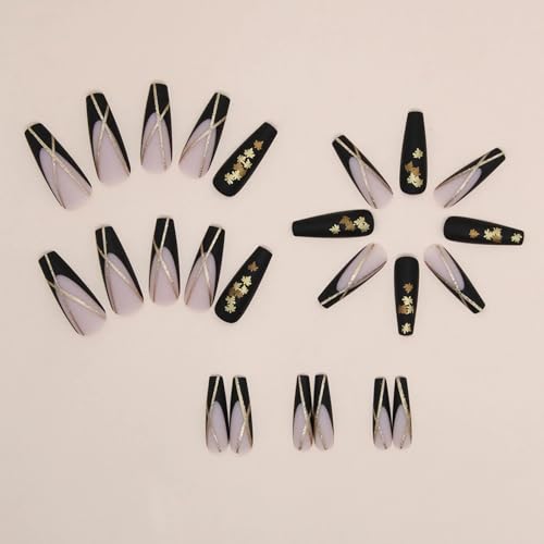 BABALAL Coffin Press on Nails Long Fake Nails Black French Tip Stick on Nails Golden Maple Leaf Acrylic Nails 24Pcs Matte Fall Ballerina Manicure Artificial False Nails for Women and Girls - Image 2
