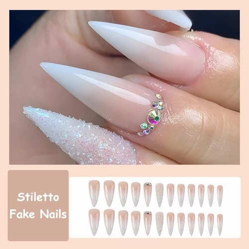 MISUD Press on Nails Long Stiletto Fake Nails Glossy Glue on Nails Sharp Almond Acrylic Nails Natural Ombre Artificial Nails Bling Glitter Stick on False Nails with Rhinestone Design 24 pcs - Image 5