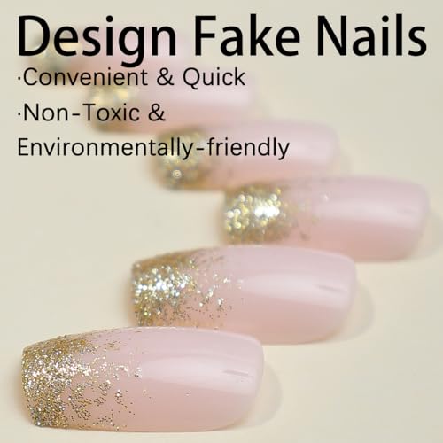 24Pcs Nude Press on Nails Square Short Fake Nails- Gold Glitter Designs Acrylic Nails Full Cover Glue on Nails French False Nails with Nail Glue Medium Artificial Nails for Women Nail Decorations - Image 4