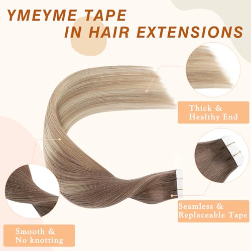 Full Head Ombre Tape-In Human Hair Extensions Balayage Light Chestnut Brown to Honey Blonde 20 Inch 50g - Image 7