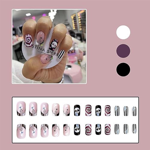 Pink Press on Nails Halloween Medium Square Fake Nails Black and White Line False Nails Skeleton Heart Glue on Nails Full Cover Acrylic Nails for Women and Girls 24 PCS Nail Decorations - Image 3
