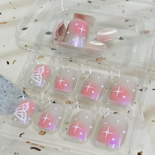 Vezocim Nude Press on Nails Square Short, 24Pcs Glossy Artificial Cute Fake Nails with Butterfly Designs, Full Cover Acrylic Coffin False Fingernails with Charm for Women Girls - Image 5