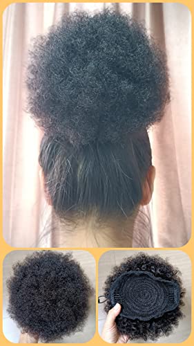 Afro Puff Drawstring Ponytail Human Hair Small Kinky Curly Ponytail Buns Hairpieces 8A Brazilian Virgin Hair Short Clip In Ponytails for Black Women Girls Kids 6 Inch Natural Black - Image 3