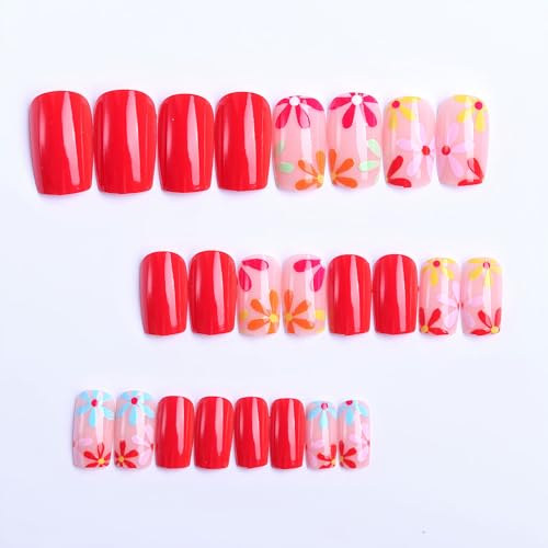 Flower Press on Nails Short Square Spring Summer Fake Nails, Colorful Daisy Acrylic Nails Kits, Red Nude Glossy Gel False Nails Stick Glue on Nails Tip Manicure 24Pcs - Image 4