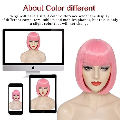 Pink Bob Wig With Bangs Short Pink Bob Wigs For Women Straight Bob Bangs Wig 10 Inch Heat Resistant Synthetic Hair Natural Looking For Daily Party Use - Image 5