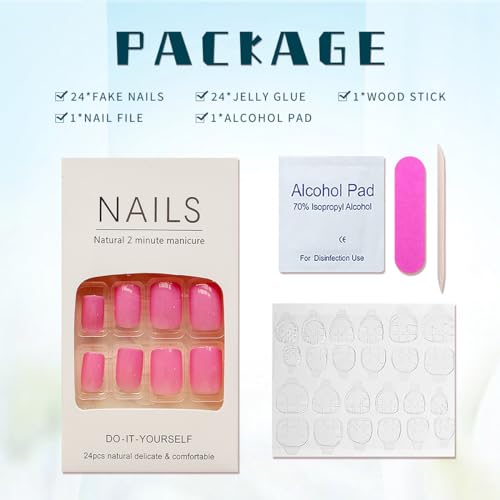 Short Square Fake Nails Artificial Pink Fake Nails with Nail Glue French Acrylic Nails with Solid Color Pastle Pink Purple Designs Full Cover False Nails Stick on Nails for Women and Girls 24 Pcs - Image 5