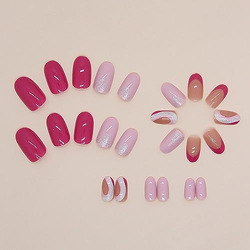 Hot Pink Press on Nails Short Round MABKJLF French Tip Fake Nails Full Cover Glitter Pink Swirl False Nails with Designs Glossy Glue on Nails Acrylic Nails Artificial Nails for Women Girls 24 Pcs - Image 6