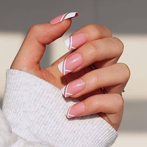 BABALAL French Press on Nails, 24Pcs Pink Fake Nails Medium Square Full Cover Acrylic Nail Tips for Women and Girls - Image 4