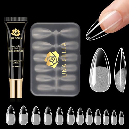 UNA GELLA Almond Nail Tips with Glue Gel Curing Needed Medium Almond Soft Gel Nail Tips Almond Shaped with Soft Gel Tips Nail Glue Kit for Short Almond Gel X Tips 120pcs for Home DIY