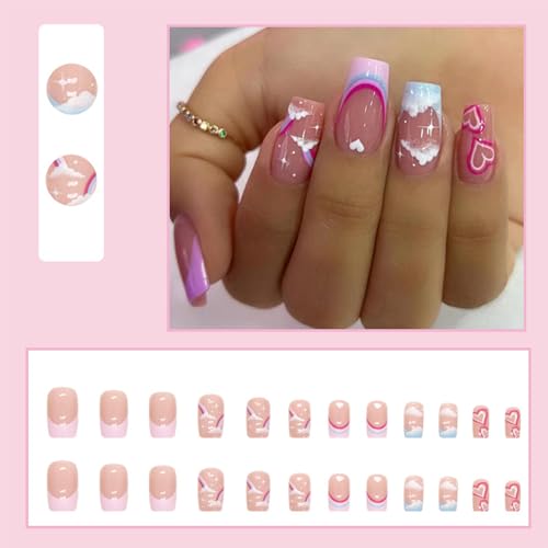 24Pcs Valentine’s Day French Tip Press on Nails Short Square Shaped Fake Nails with Rainbow Color Designs False Nails Lovely Clouds Full Cover Nails Press on Reusable Stick on Nails for Women Girls - Image 2