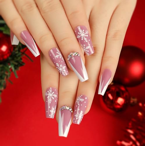 Christmas Press on Nails Coffin Medium Fake Nails White French Tip False Nails With Rhinestones Snowflake Designs Acrylic Stick on Nails Full Cover Artificial Nails for Women Winter Xmas 24Pcs