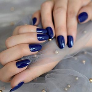 Natural Glossy Dark Blue Press On False Nails Short Oval Acrylic Nail Art Tips Salon Women Girls DIY Manicure Daily Reusable Stick On Fake Nails for Daily Office Home Party