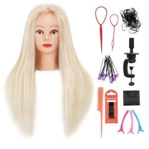 26"-28" Long Hair Mannequin Head with 60% Real Hair, Hairdresser Practice Training Head Cosmetology Manikin Doll Head with 9 Tools and Clamp - Makeup On