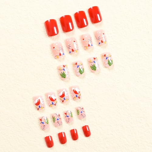 24 Pcs Christmas Nails Extra Short Press on Nails Square Nails Christmas Fake Nails Cute Colored Lights & Christmas Hat Designs Red False Nails Xmas Stick on Nails for Women Girls DIY Manicure - Image 3